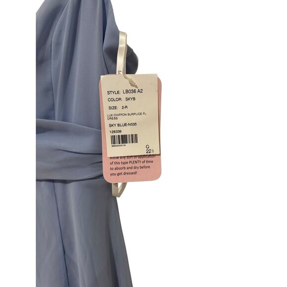 NWT! Lovely LB036 Sky Blue Chiffon Wrap Bodice Maxi Dress Front Slit Sz 2 - Picture 7 of 8